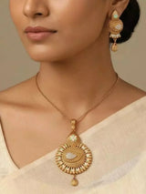 Brass Feather Pendant Necklace and Earrings Set with Stones