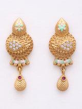 Brass Feather Pendant Necklace and Earrings Set with Stones