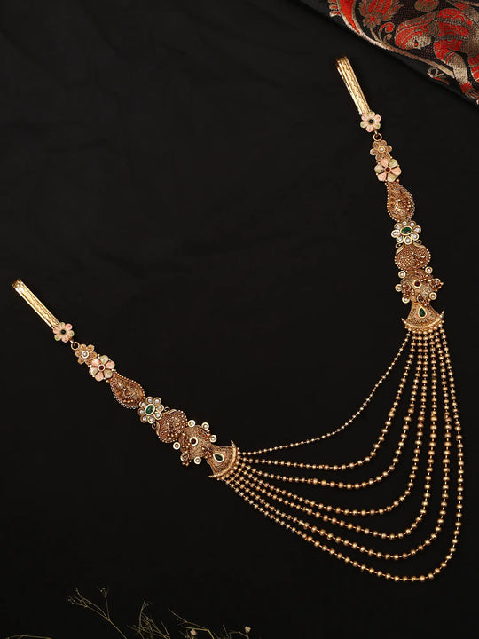 Stone Studded Multi Strand Beaded Brass Kamarbandh Waist Belt