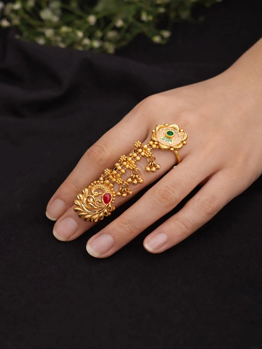 Peacock and Floral Brass Adjustable Double Finger Ring
