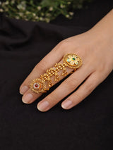 Floral Stone Studded Brass Adjustable Double Finger Ring