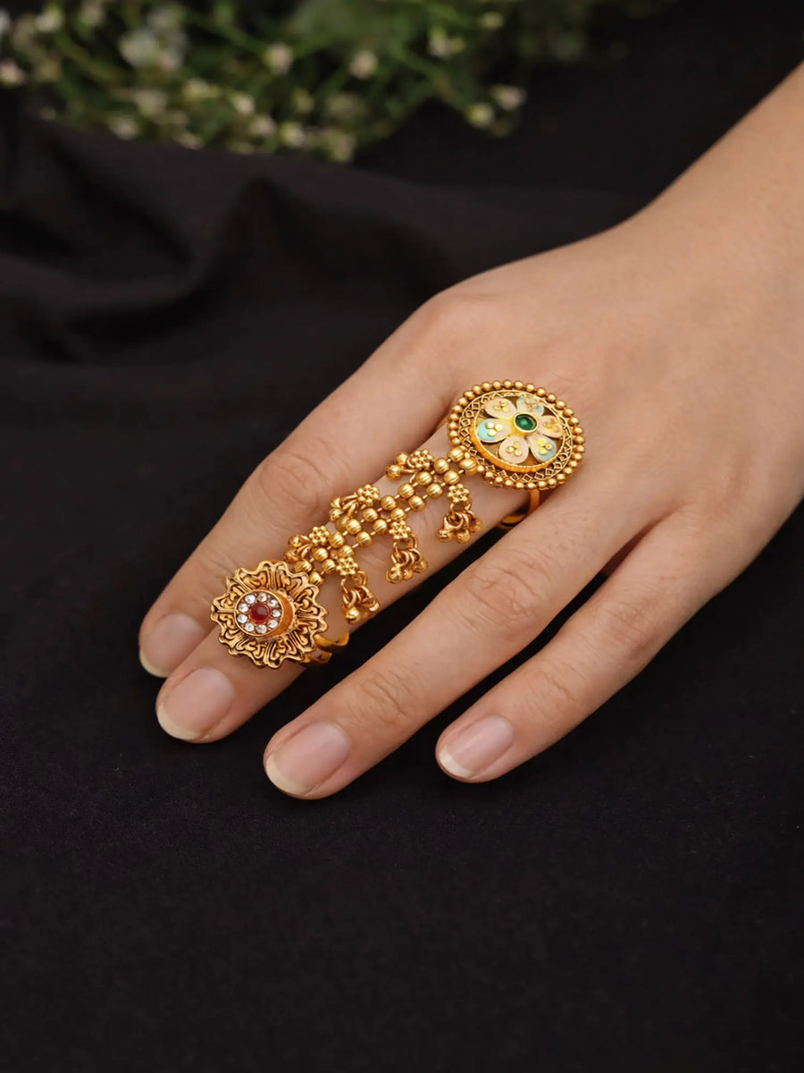 Floral Stone Studded Brass Adjustable Double Finger Ring
