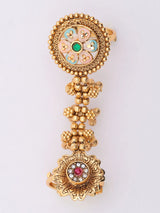 Floral Stone Studded Brass Adjustable Double Finger Ring
