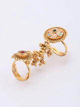 Floral Stone Studded Brass Adjustable Double Finger Ring