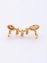 Floral Stone Studded Brass Adjustable Double Finger Ring