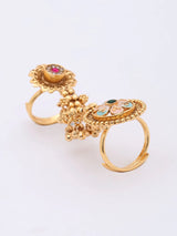 Floral Stone Studded Brass Adjustable Double Finger Ring