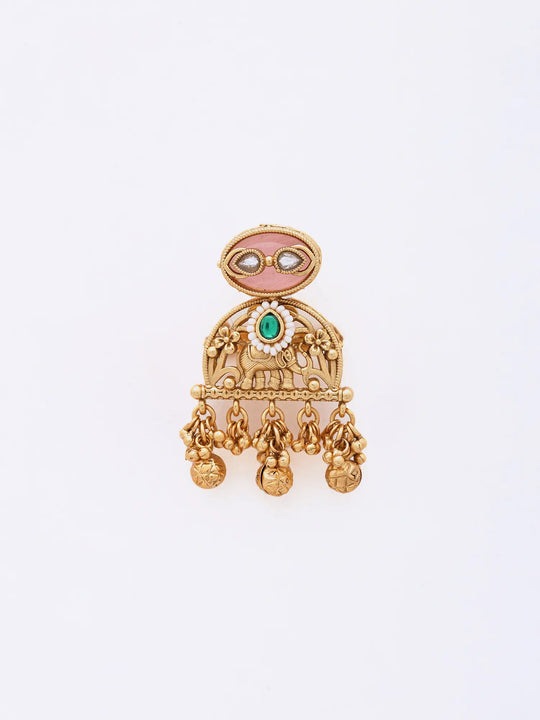 Kundan Elephant Motif Adjustable Brass Ring with Ghungroo