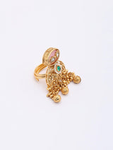 Kundan Elephant Motif Adjustable Brass Ring with Ghungroo