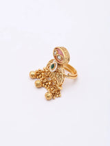 Kundan Elephant Motif Adjustable Brass Ring with Ghungroo