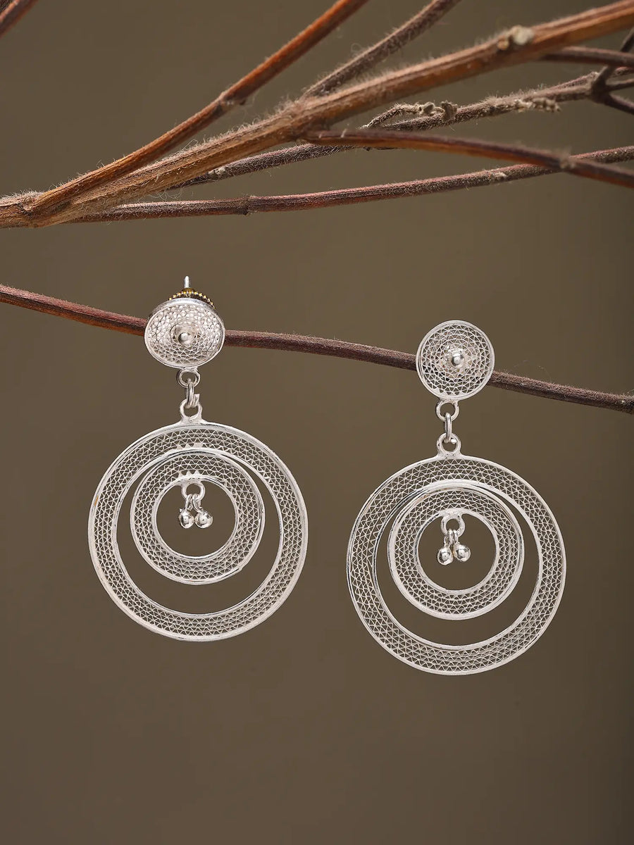 Tarakasi Filigree Double Circle Sterling Silver Earrings with Ghungroo