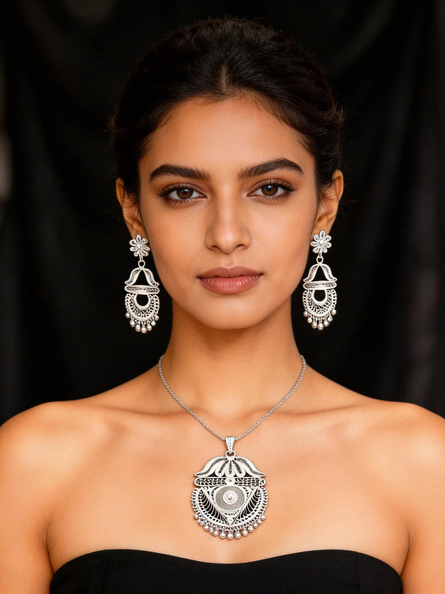 Tarakasi Filigree Sterling Silver Pendant and Earrings Set