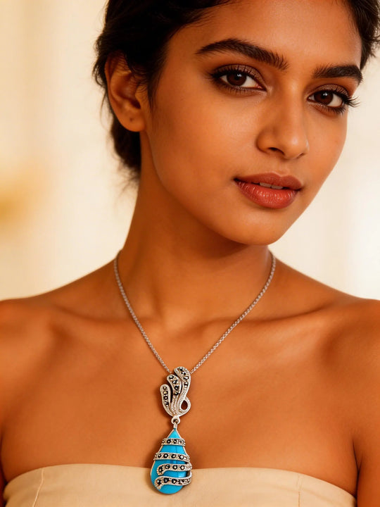 Turquoise and Marcasite Teardrop Sterling Silver Pendant