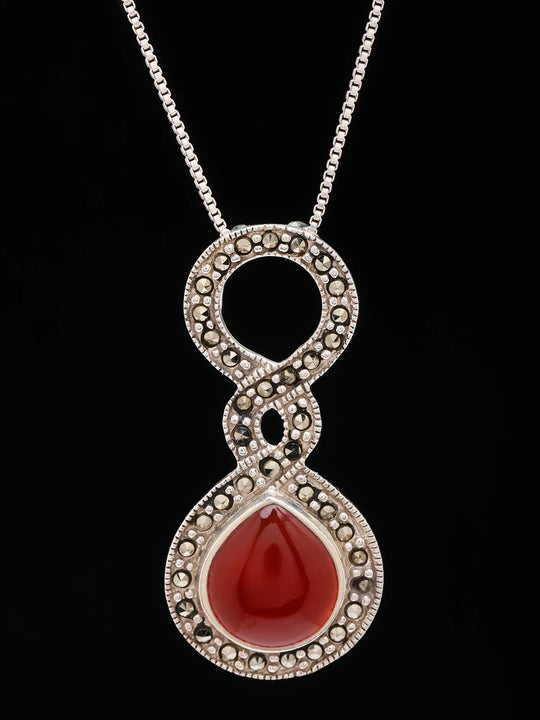 Carnelian Cabochon and Marcasite Sterling Silver Pendant
