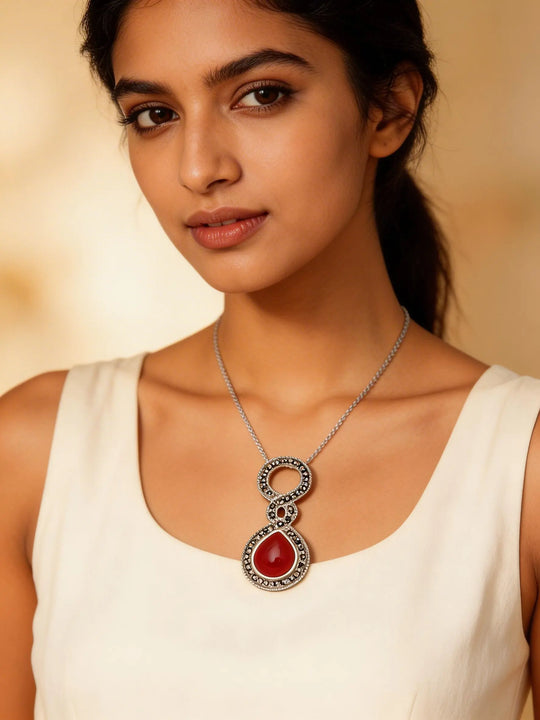 Carnelian Cabochon and Marcasite Sterling Silver Pendant