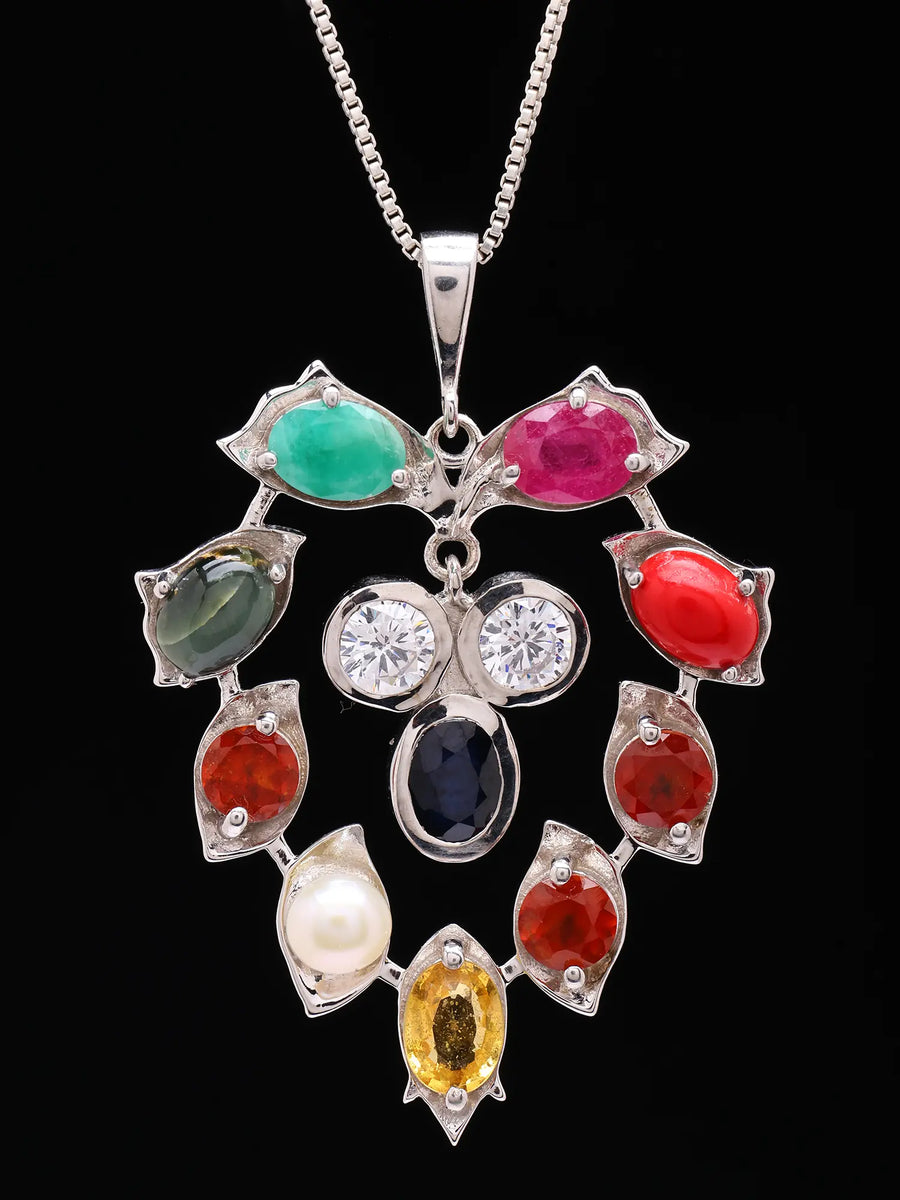 Multi-Gemstone Leaf Sterling Silver Pendant