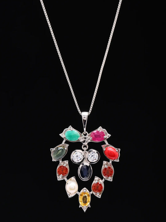 Multi-Gemstone Leaf Sterling Silver Pendant
