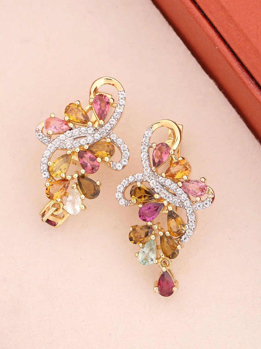 Multi-Gemstone and Cubic Zirconia Sterling Silver Stud Earrings