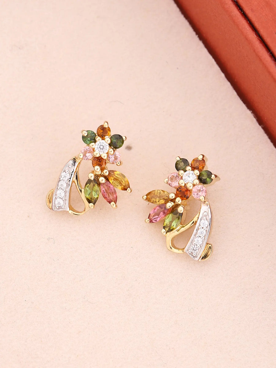 Green and Pink Tourmaline Floral Sterling Silver Stud Earrings