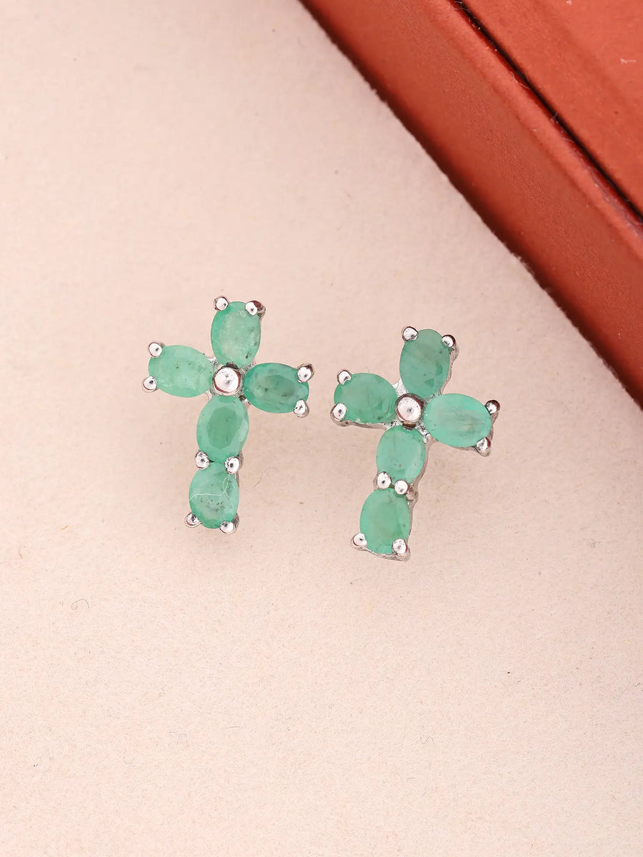 Emerald Cross Sterling Silver Stud Earrings