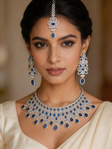 Sea Green American Diamond Teardrop Bridal Necklace Set with Maang Tikka