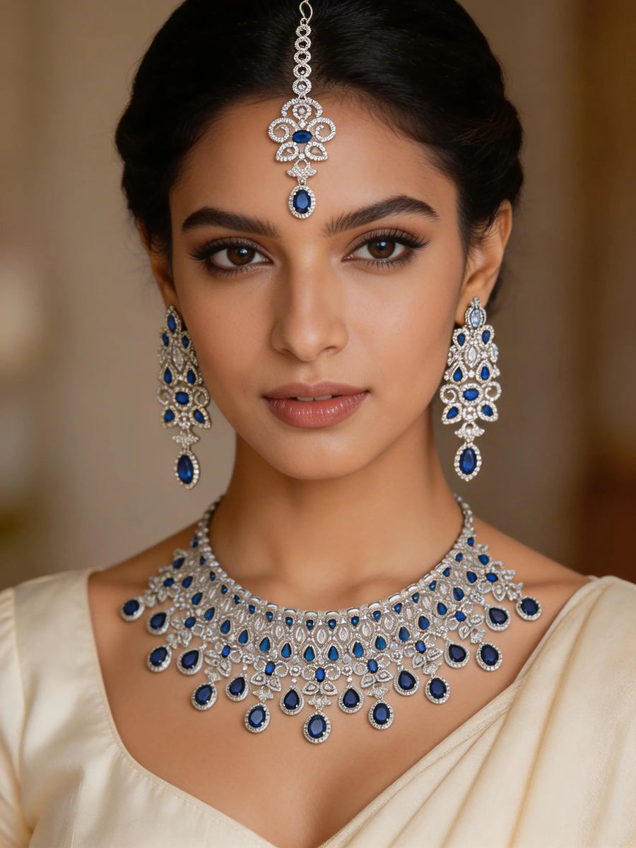 Sea Green American Diamond Teardrop Bridal Necklace Set with Maang Tikka