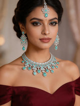 Sea Green American Diamond Teardrop Bridal Necklace Set with Maang Tikka
