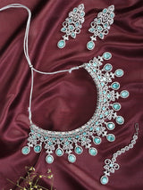 Sea Green American Diamond Teardrop Bridal Necklace Set with Maang Tikka