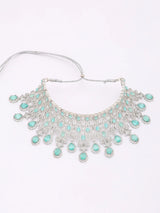 Sea Green American Diamond Teardrop Bridal Necklace Set with Maang Tikka