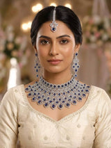 Royal Blue American Diamond Bridal Necklace Set with Maang Tikka