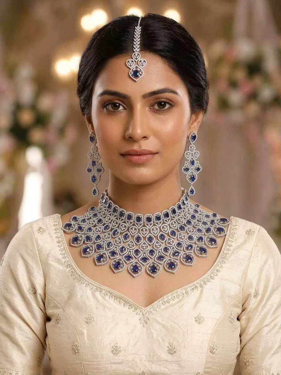 Royal Blue American Diamond Bridal Necklace Set with Maang Tikka
