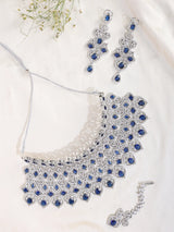 Royal Blue American Diamond Bridal Necklace Set with Maang Tikka
