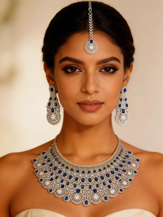 Zircon Bridal Necklace Set With Maang Tikka in Pink and Blue