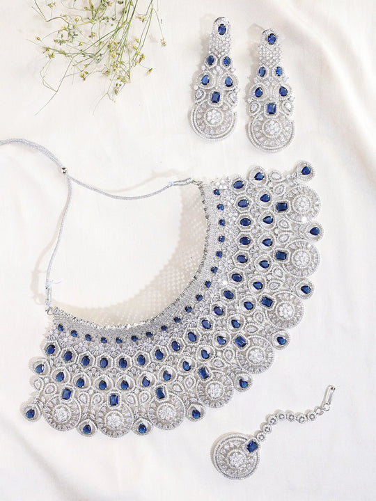 Zircon Bridal Necklace Set With Maang Tikka in Pink and Blue