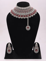 Floral American Diamond Bridal Necklace Set with Maang Tikka