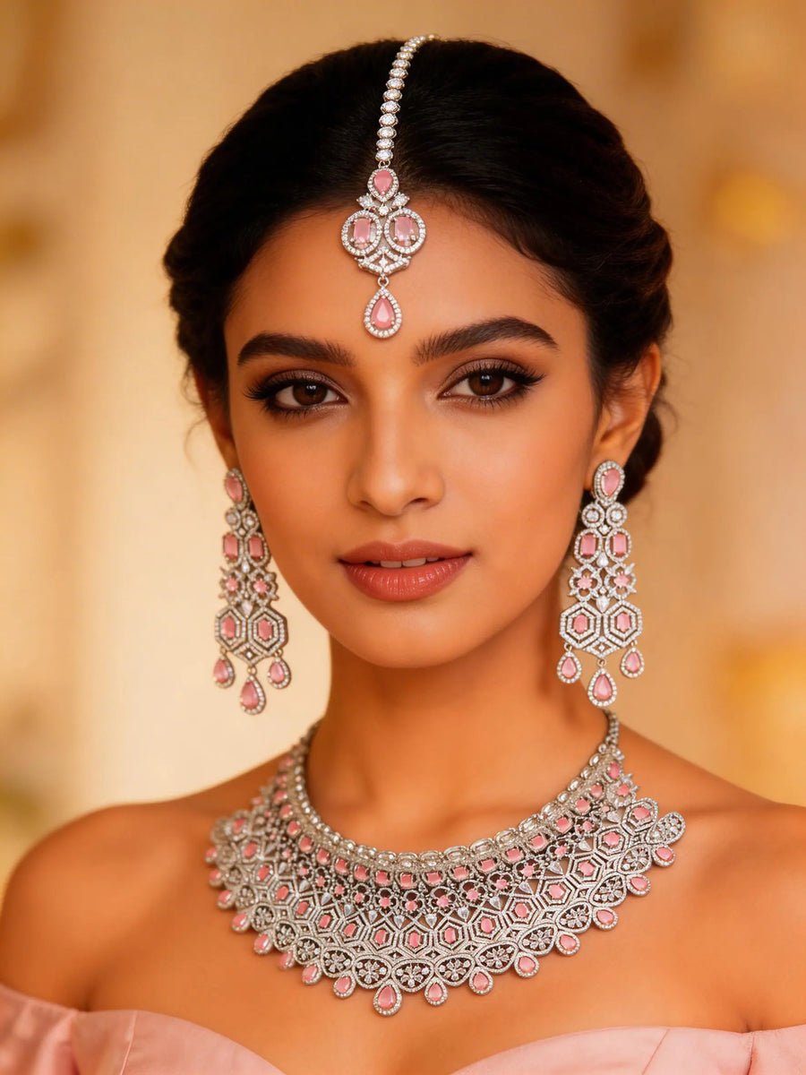 Teardrop Crystal Bridal Necklace Set with Maang Tikka