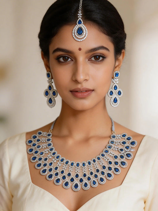 Zircon and Crystal Stone Necklace Set with Maang Tikka