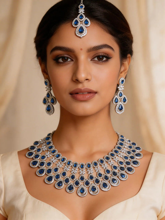 Zircon and Crystal Stone Necklace Set with Maang Tikka