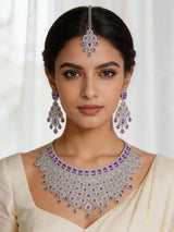 Royal Purple American Diamond Bridal Necklace Set with Maang Tikka