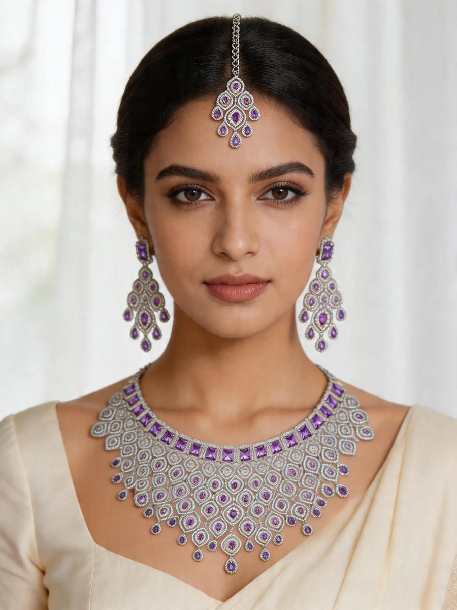 Royal Purple American Diamond Bridal Necklace Set with Maang Tikka