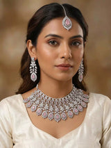 Blush Pink American Diamond Bridal Choker Necklace Set with Maang Tikka