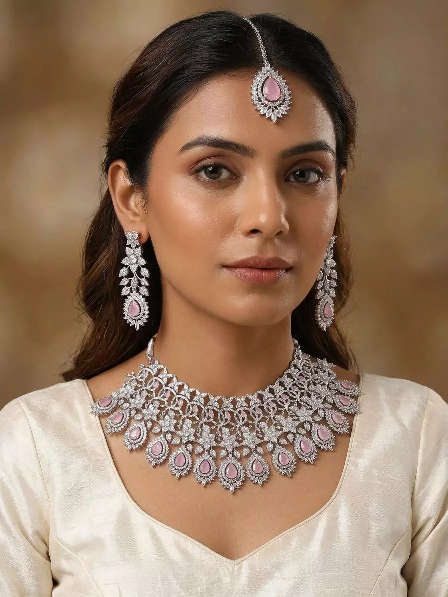 Blush Pink American Diamond Bridal Choker Necklace Set with Maang Tikka