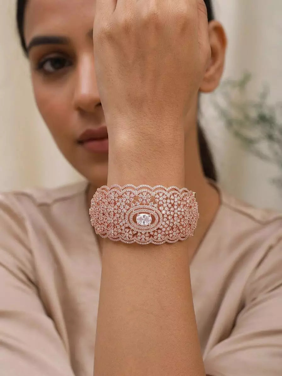 Rose Gold Finish American Diamond Stone Studded Cuff Bracelet