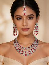 Rose Pink Square Cut Crystal Multi Strand Bridal Necklace Set