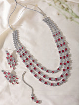 Rose Pink Square Cut Crystal Multi Strand Bridal Necklace Set