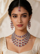Rose Pink Square Cut Crystal Multi Strand Bridal Necklace Set