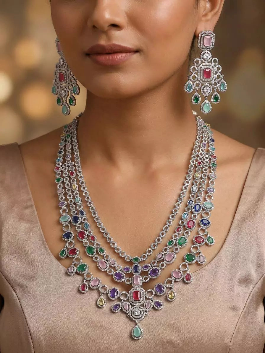 Multi-Strand Cubic Zirconia Brass Bridal Necklace Set with Earrings