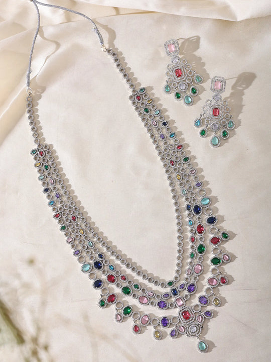 Multi-Strand Cubic Zirconia Brass Bridal Necklace Set with Earrings