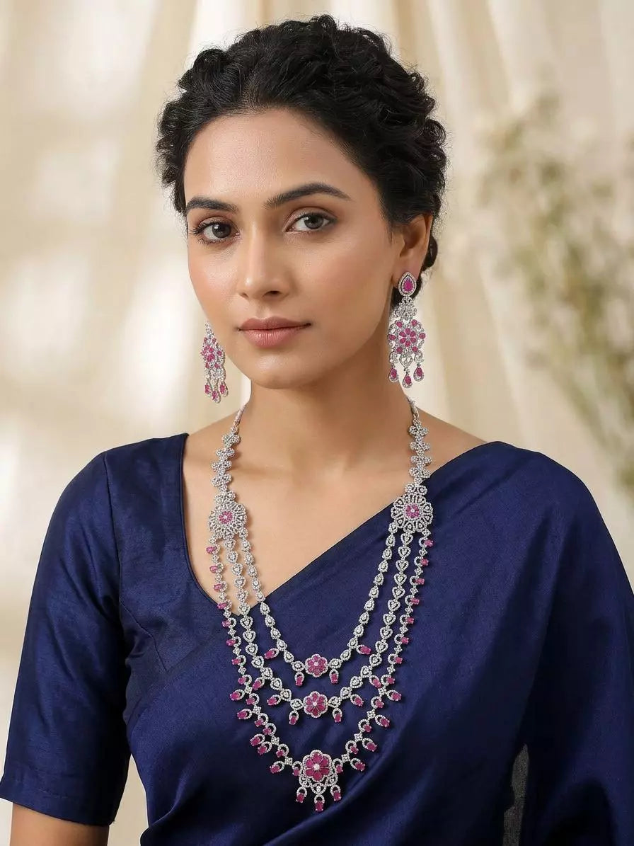 Dark Pink Floral Multi Strand Bridal Necklace Set in Brass