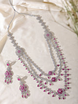 Dark Pink Floral Multi Strand Bridal Necklace Set in Brass