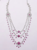 Dark Pink Floral Multi Strand Bridal Necklace Set in Brass